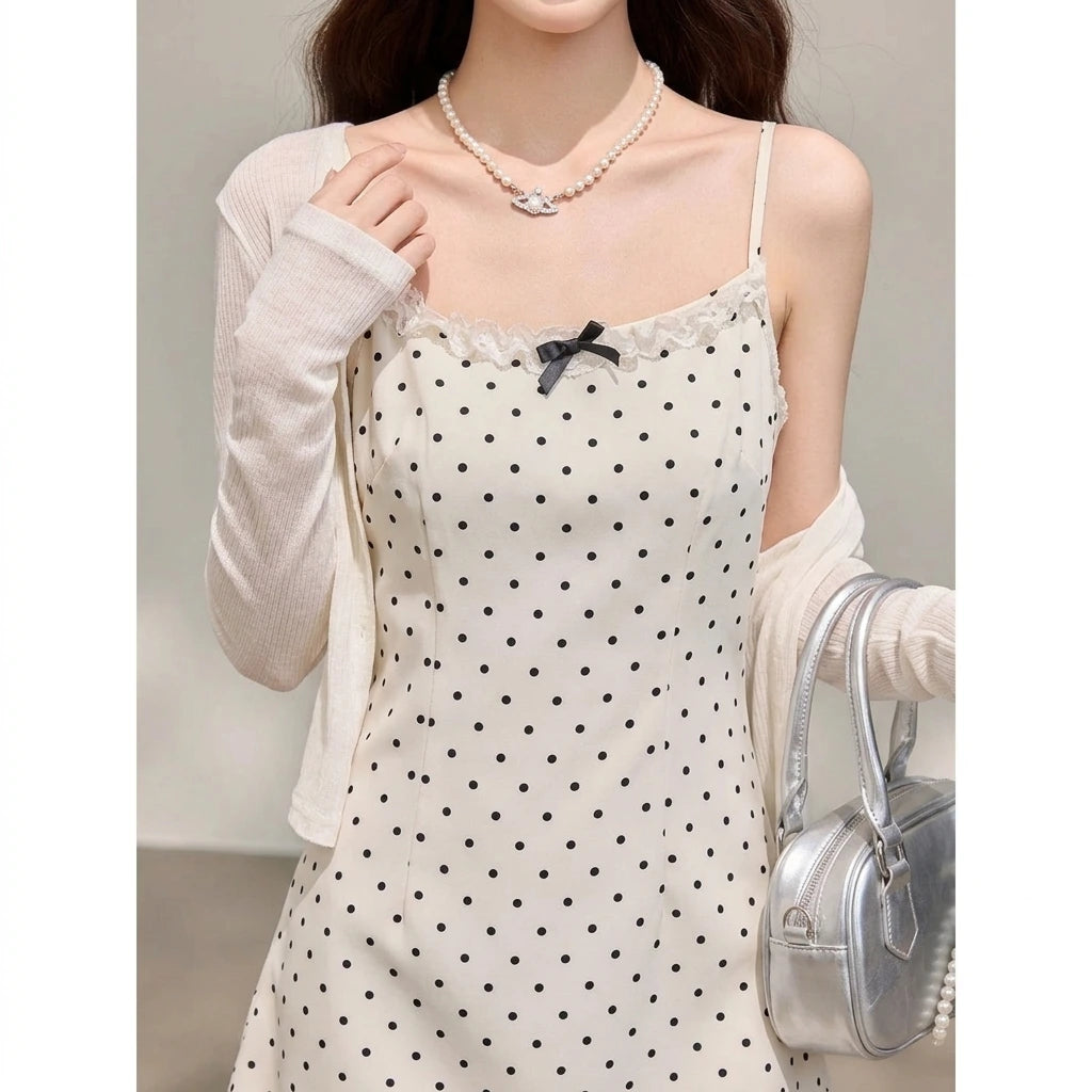 Apricot Polka Dot Short Strap Dress, Sleeveless Fitted Mini, Knitted Polyester, Effortless Summer — lifestyle_lead
