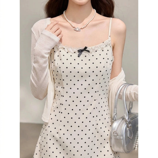 Apricot Polka Dot Short Strap Dress, Sleeveless Fitted Mini, Knitted Polyester, Effortless Summer — lifestyle_lead