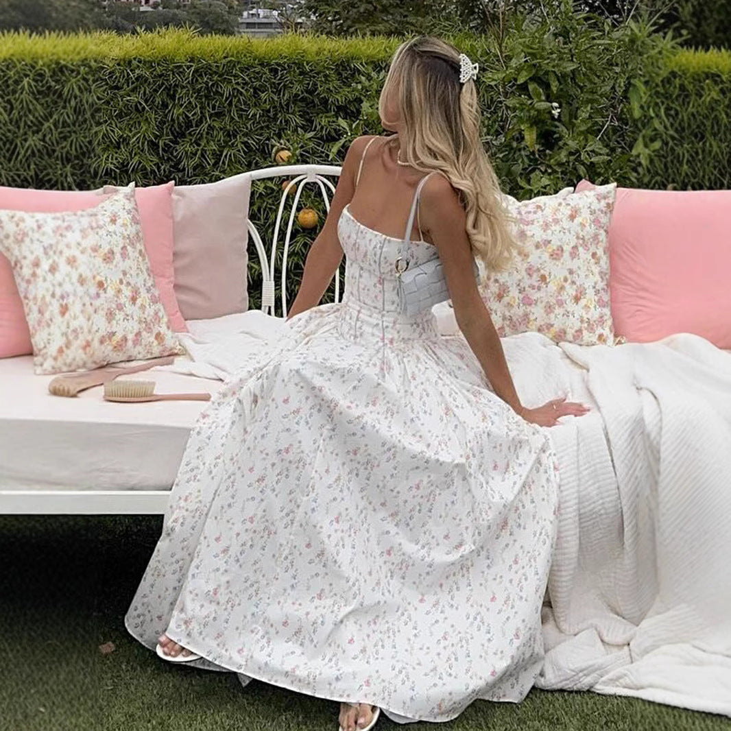 Copy of White Printed Strapless Maxi Dress Backless Fitted Summer Elegant Polyester