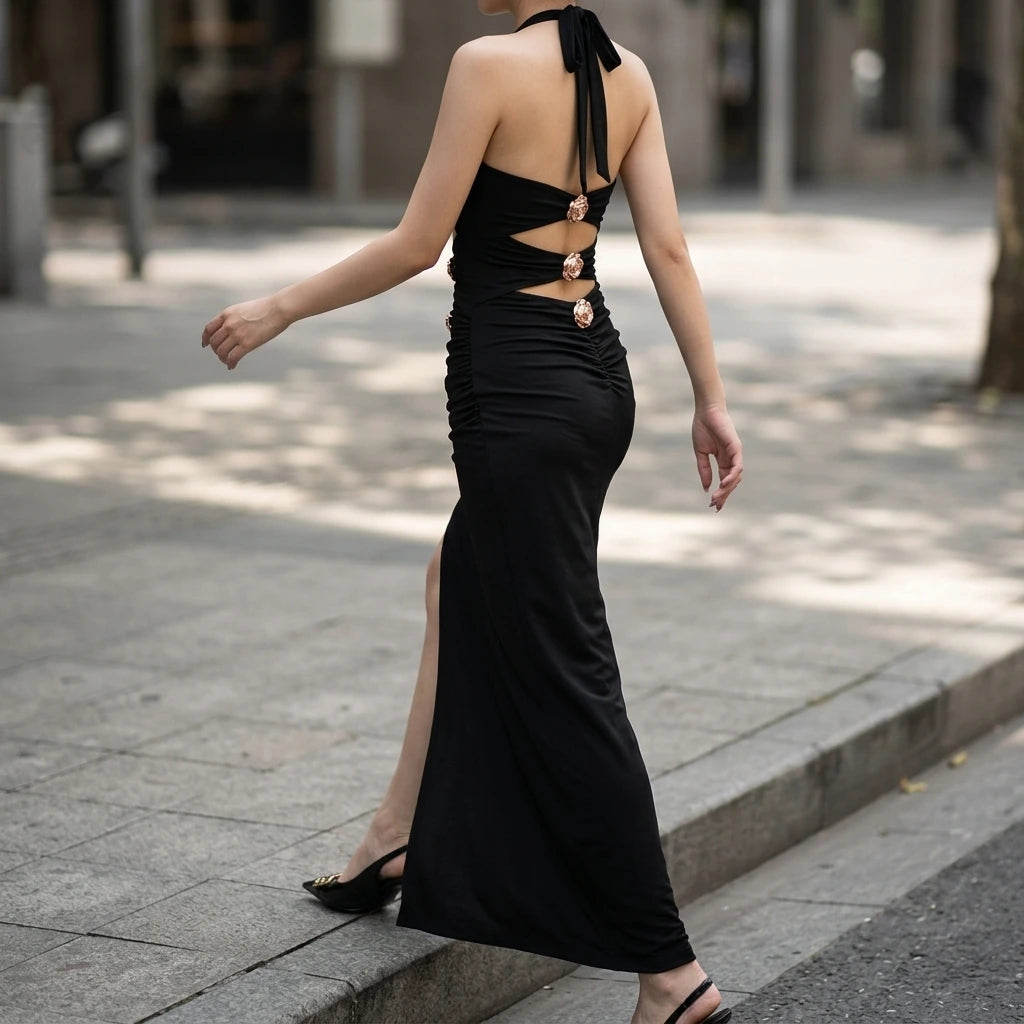 Rose metal buckle neck dress for summer — lifestyle