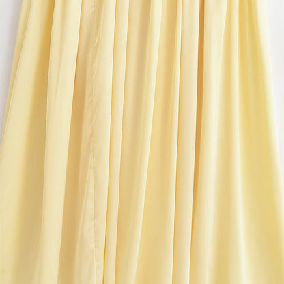 Yellow Pleated Maxi Dress, Sleeveless Deep V-Neck, Elastic Polyester, Summer Hot Girl Casual Style