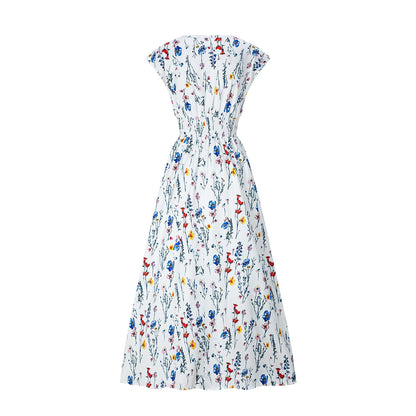 White V Neck Long Dress, Lace Up A-line Floral Elegant Pullover, Summer Occasion Dress