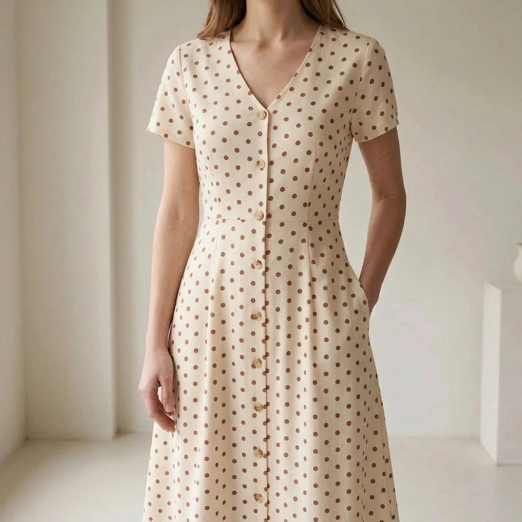Modern A Line Polka Dot Midi Dress for Women, V Neck, Short Sleeve, Slit, Casual Brunch, Summer, Beige — lifestyle