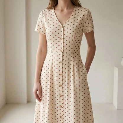 Modern A Line Polka Dot Midi Dress for Women, V Neck, Short Sleeve, Slit, Casual Brunch, Summer, Beige — lifestyle
