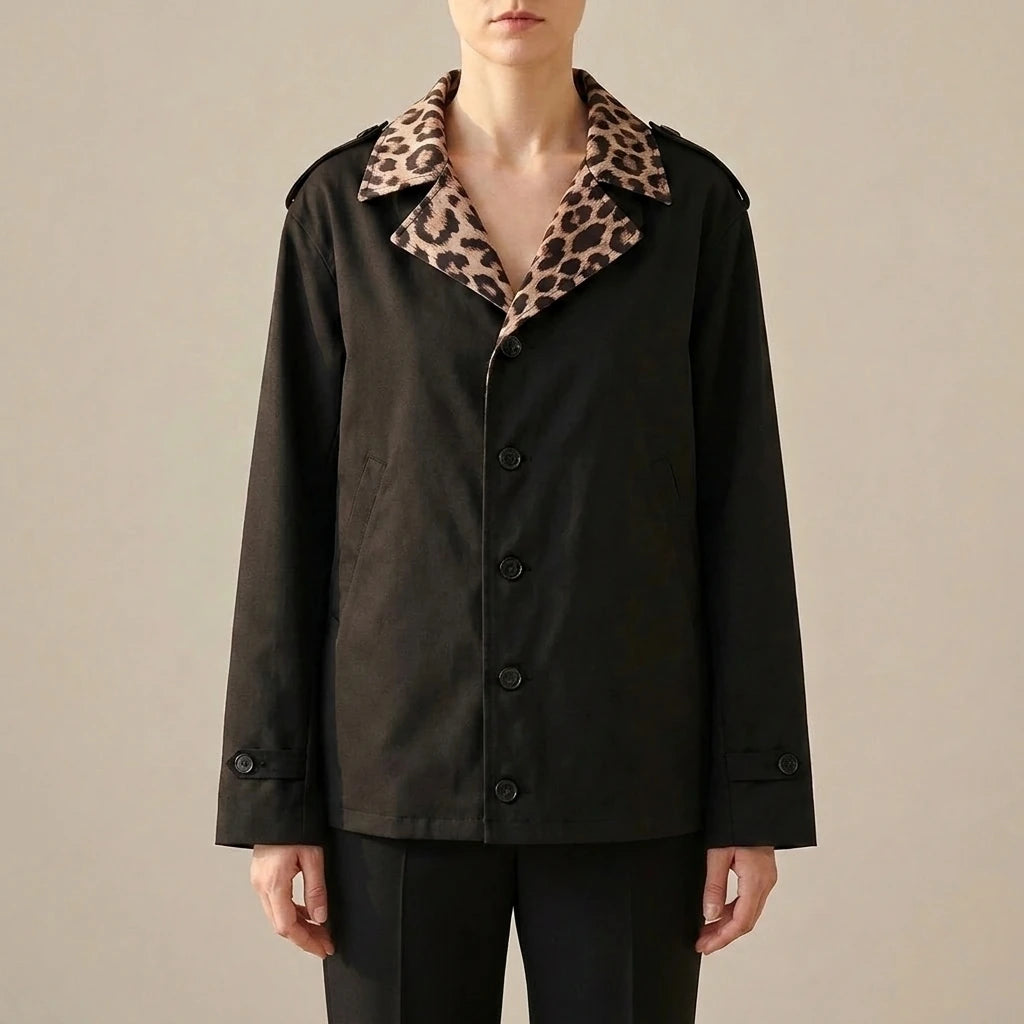 Suede patchwork collar trench coat — lifestyle
