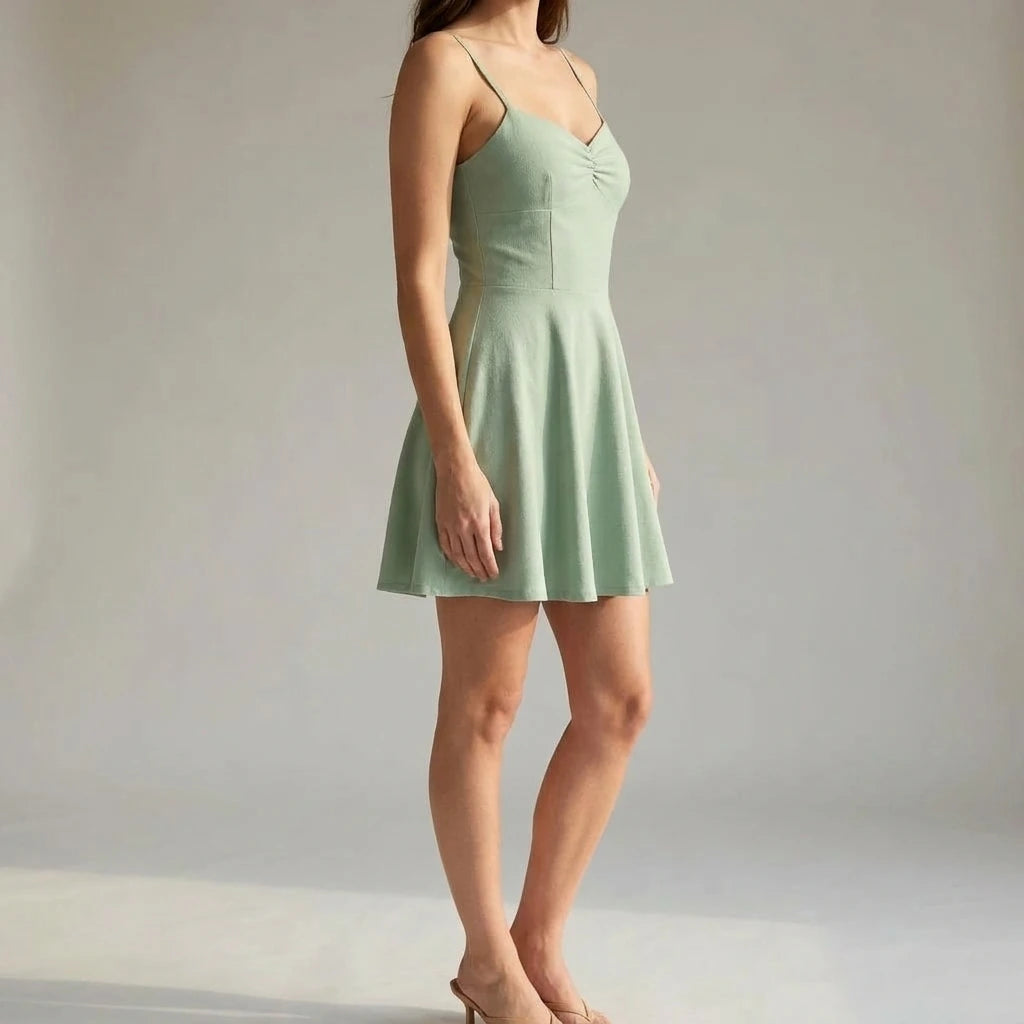 Green Ruched Shirred Mini Dress Slip for Women, High Waist A-Line, Sleeveless, Cocktail, Vacation, Summer Party, Polyester, Green — lifestyle