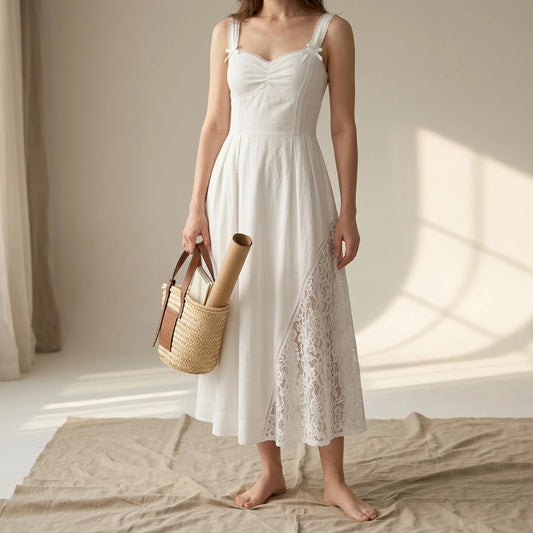Shirred Sheath Midi Dress for Women Beach Vacation Wear Sleeveless Lace Splicing Textured Cotton White Summer Spring — lifestyle_lead