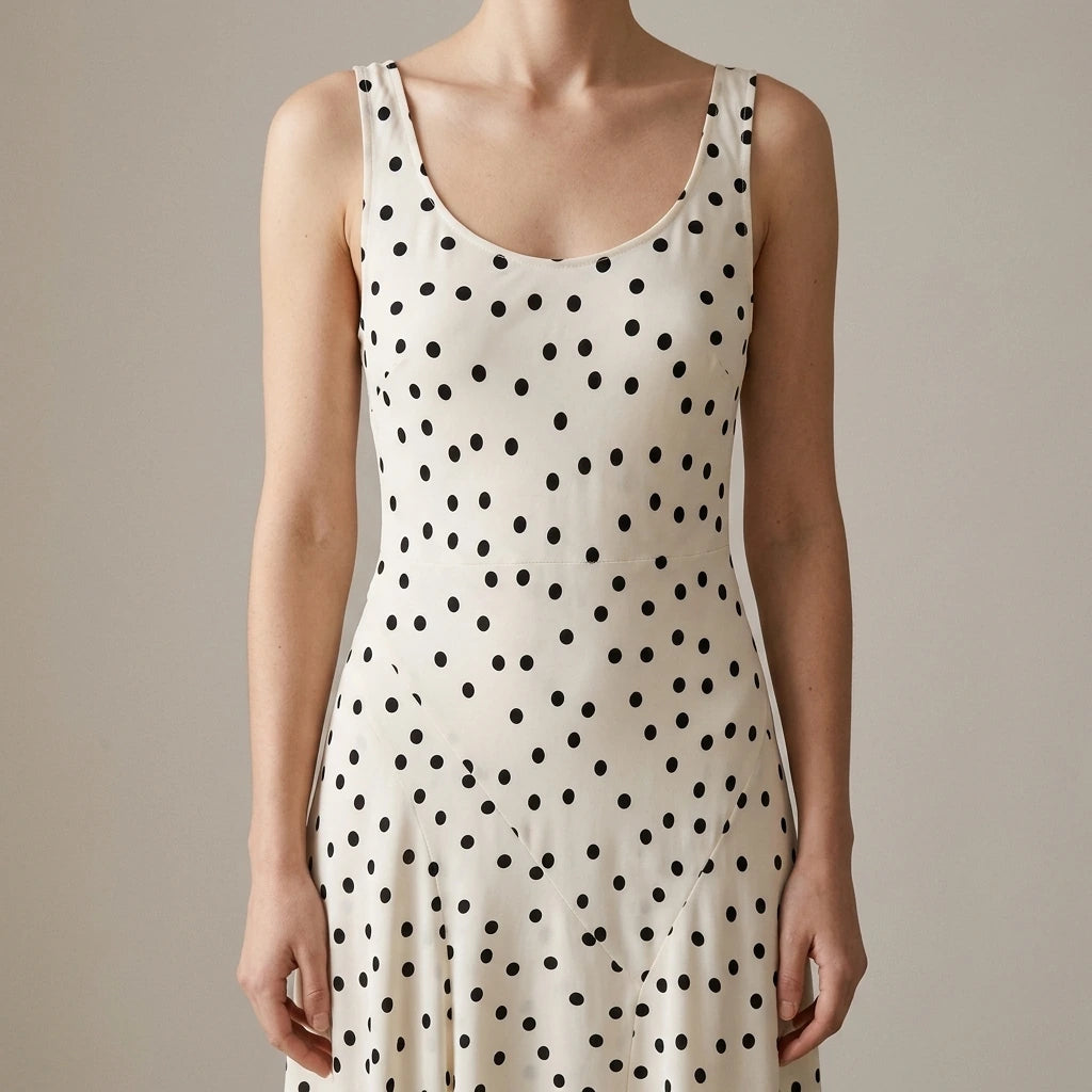 Polka Dot Slim Fit Midi Dress, Pleated Sleeveless Shoulder Strap, Elastic Polyester, Effortless — lifestyle