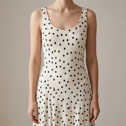 Polka Dot Slim Fit Midi Dress, Pleated Sleeveless Shoulder Strap, Elastic Polyester, Effortless — lifestyle