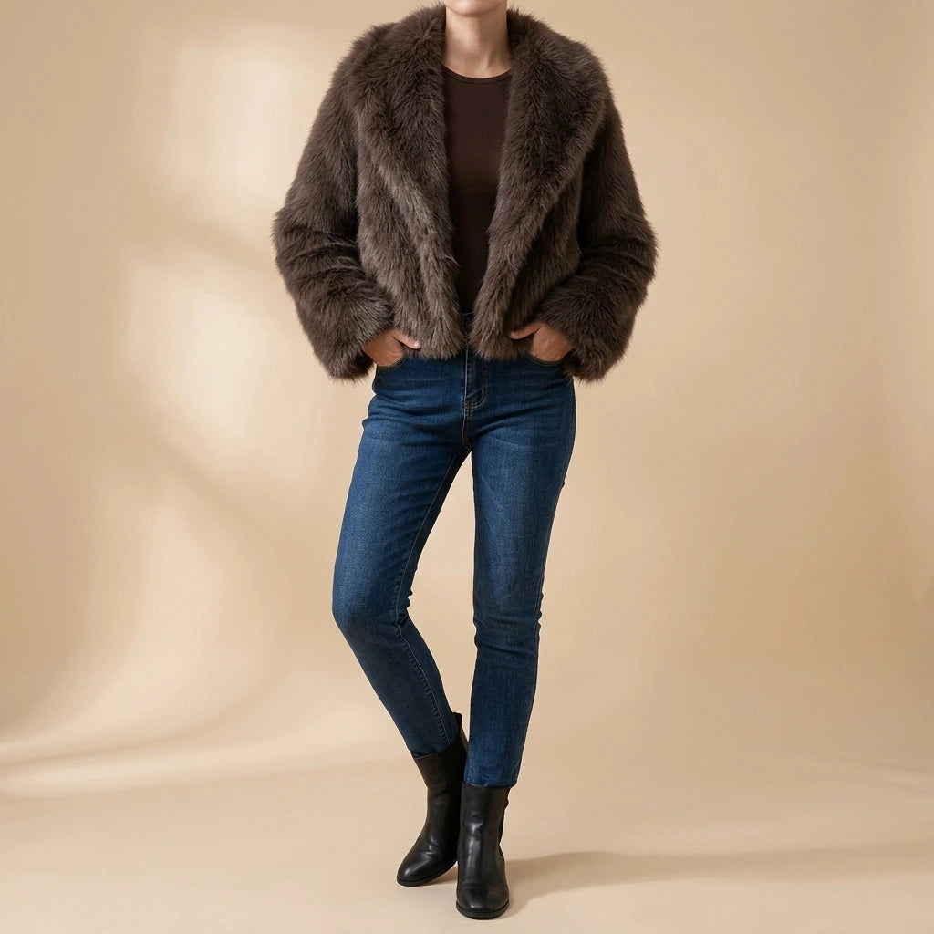Casual short faux fur coat — lifestyle