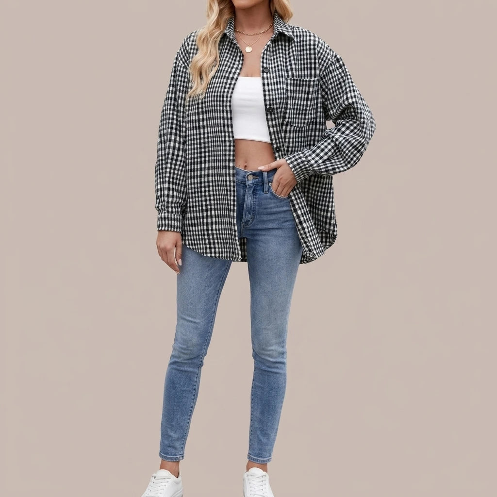 Thousand bird plaid button down flannel shirt — lifestyle