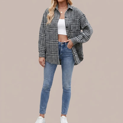Thousand bird plaid button down flannel shirt — lifestyle