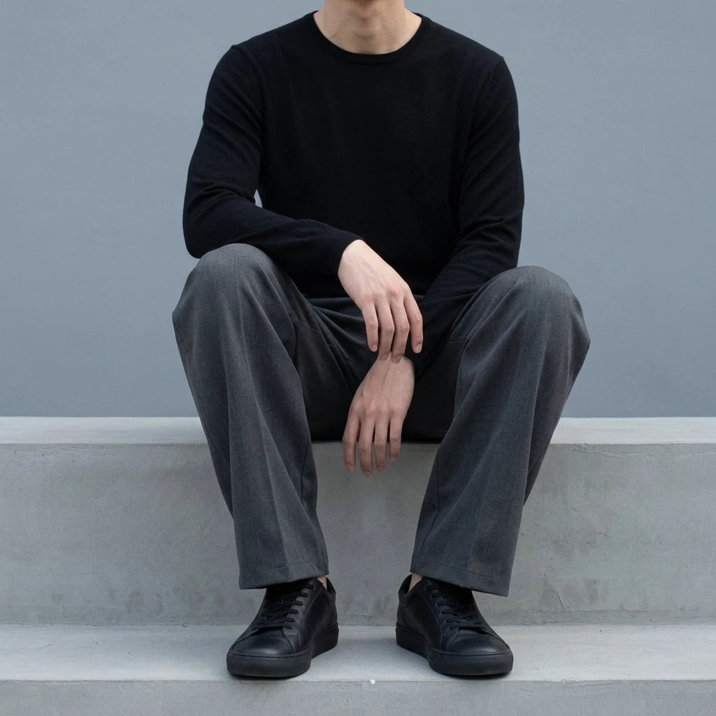 Tailored Folded Drape Scythe Casual Dress Pants Heavyweight Trousers — lifestyle