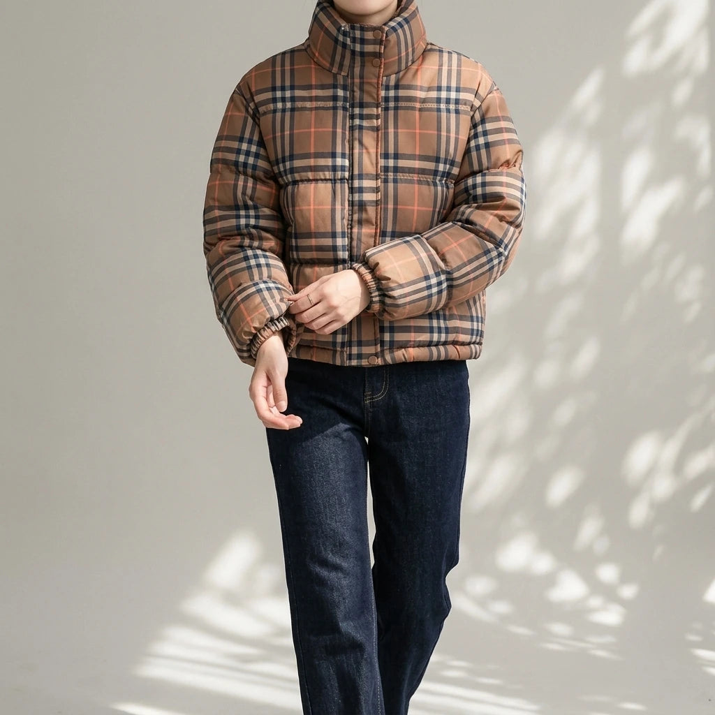 Winter New  Plaid Short Puffer Coat for Petite Women, Thick Warm Cotton Jacket, Fashionable Hooded Outwear — variant_front