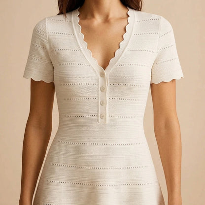 Elegant A-Line Sweater Dress Women's Cut Out V Neck Ribbed Short Sleeve Daily Wear Mini Natural Waist White Polyamide Fall Winter — lifestyle