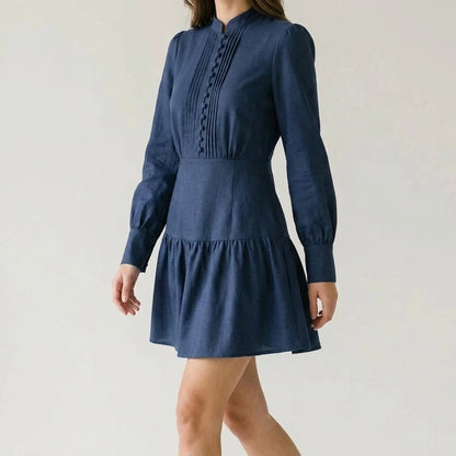 Blue Pleated Skater Mini Dress Women's Casual A-Line Daily Wear Mandarin Collar Long Bishop Sleeve Natural Waist Solid Polyester Autumn Winter — lifestyle