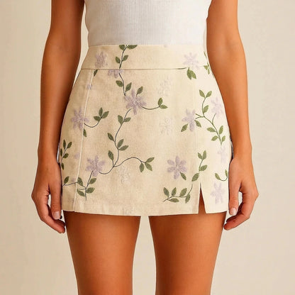 Modern Floral Embroidered Mini Skirt for Women, Vacation Beach Outfit, Natural Waisted Straight Fit, Slit Detail, No Stretch, Summer Spring Polyester Beige — lifestyle