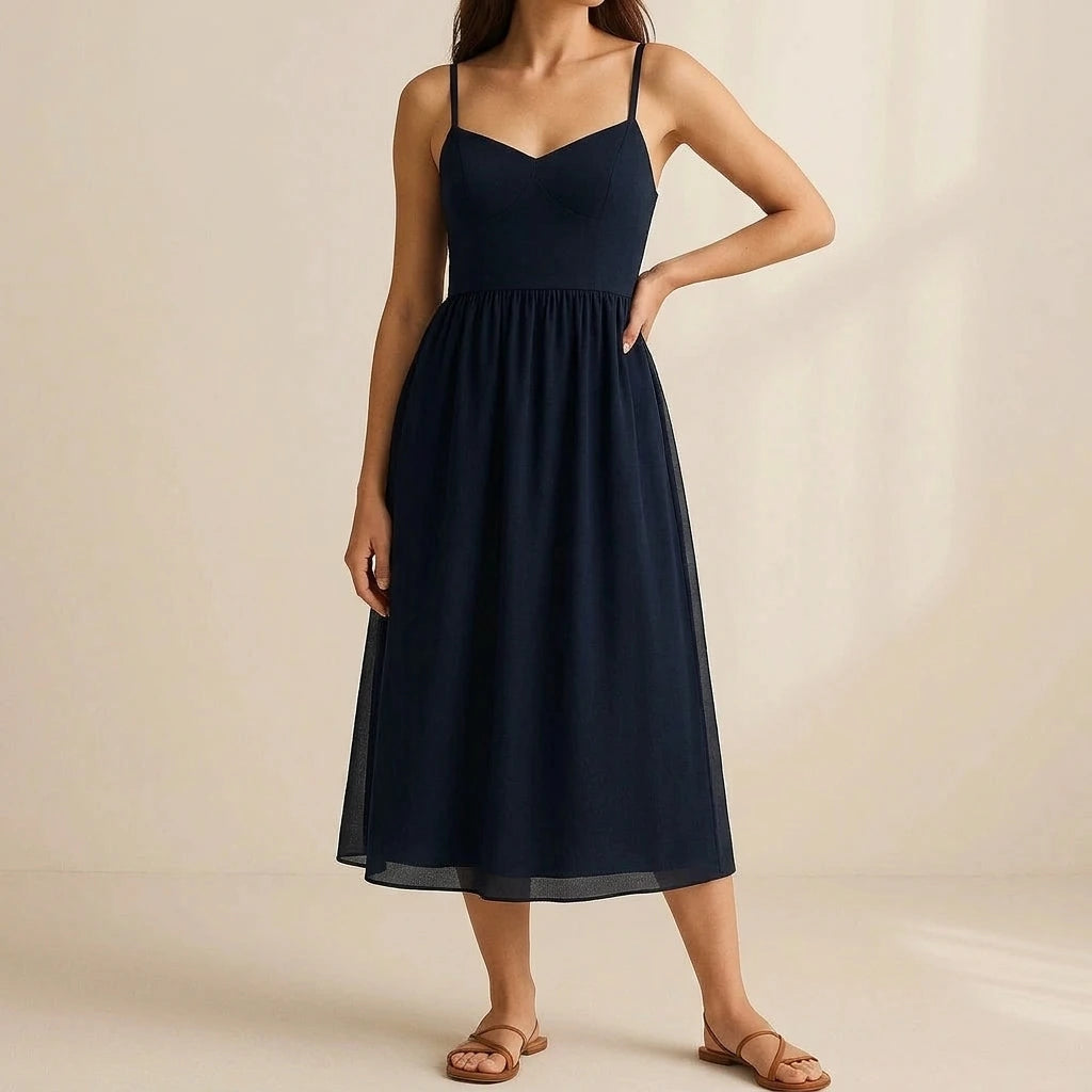 Elegant Flowy Maxi Dress for Women Shirred High Waist Sleeveless Slip Mesh A-Line Summer Occasion Daily Wear Blue Polyester — lifestyle_lead