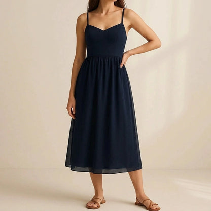 Elegant Flowy Maxi Dress for Women Shirred High Waist Sleeveless Slip Mesh A-Line Summer Occasion Daily Wear Blue Polyester — lifestyle_lead