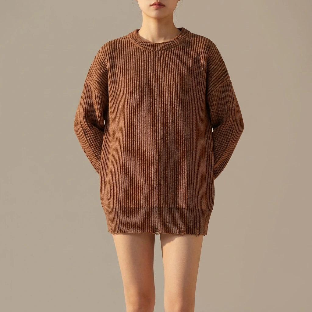 Simple Solid Color Distressed Chunky Knit Crewneck Loose Pullover Sweater — variant_front