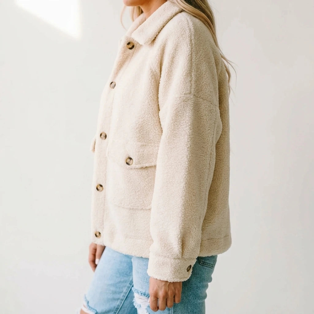 Beige Flap Button Pocket Sherpa Jacket — lifestyle_lead