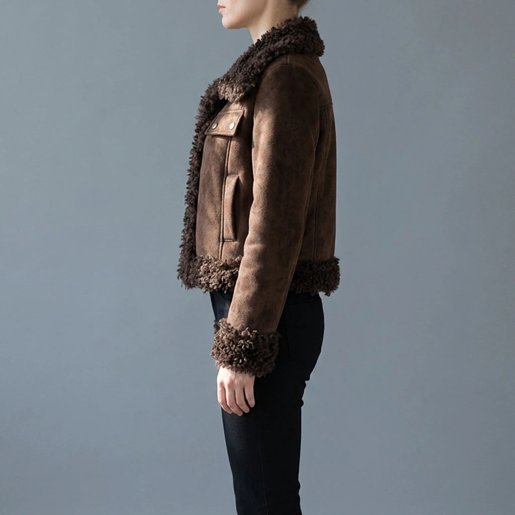 Shearling Coat Women Winter Short Length Faux Fur Collar Thick Warm Jacket Parka — lifestyle
