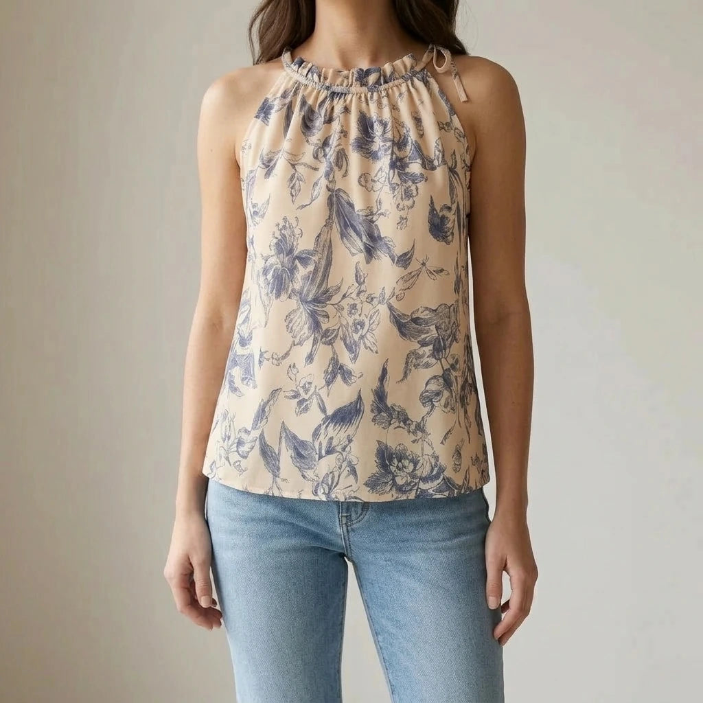 Stylish Floral Ruched Ruffle Tank Top for Women, Sleeveless Wrap, Casual Daily Summer Resortwear, Hip Length, Apricot, Polyester — lifestyle
