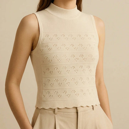 Chic Cut Out Sleeveless Tank Top for Women Casual Daily Wear Hip Length High Stretch Textured Solid Apricot Polyester Summer — lifestyle