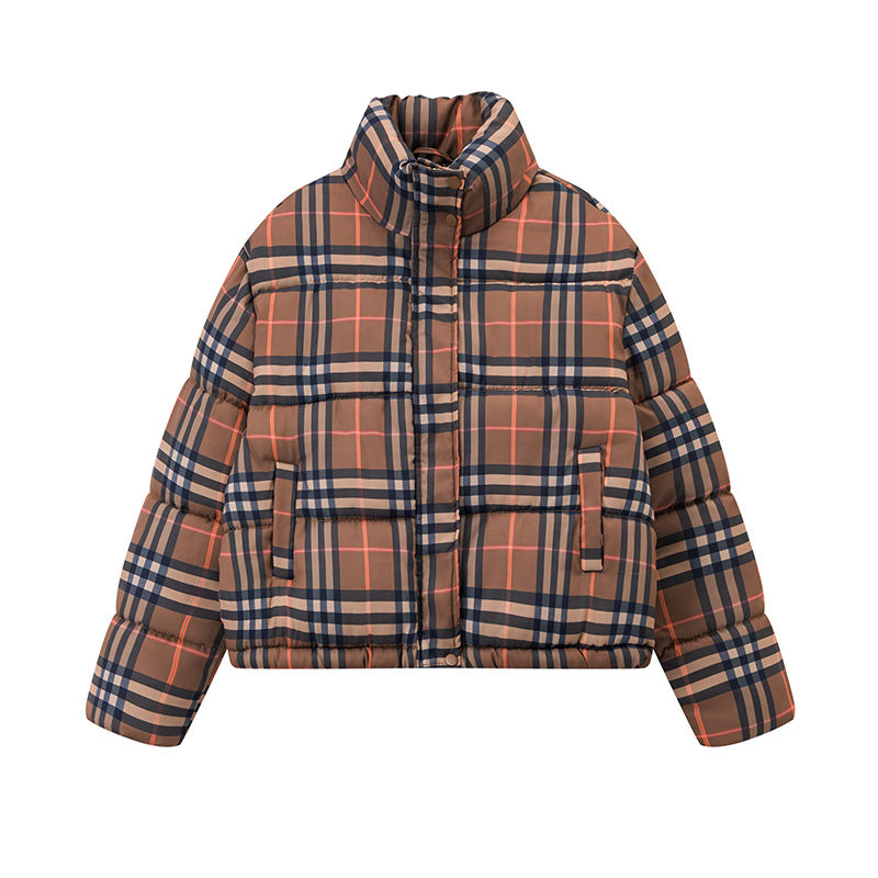 Winter New  Plaid Short Puffer Coat for Petite Women, Thick Warm Cotton Jacket, Fashionable Hooded Outwear