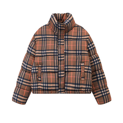 Winter New  Plaid Short Puffer Coat for Petite Women, Thick Warm Cotton Jacket, Fashionable Hooded Outwear