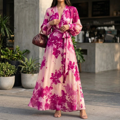 Pink Floral Chiffon Long Sleeve Maxi Dress, V-Neck Tie Waist, Elegant Spring Style — lifestyle