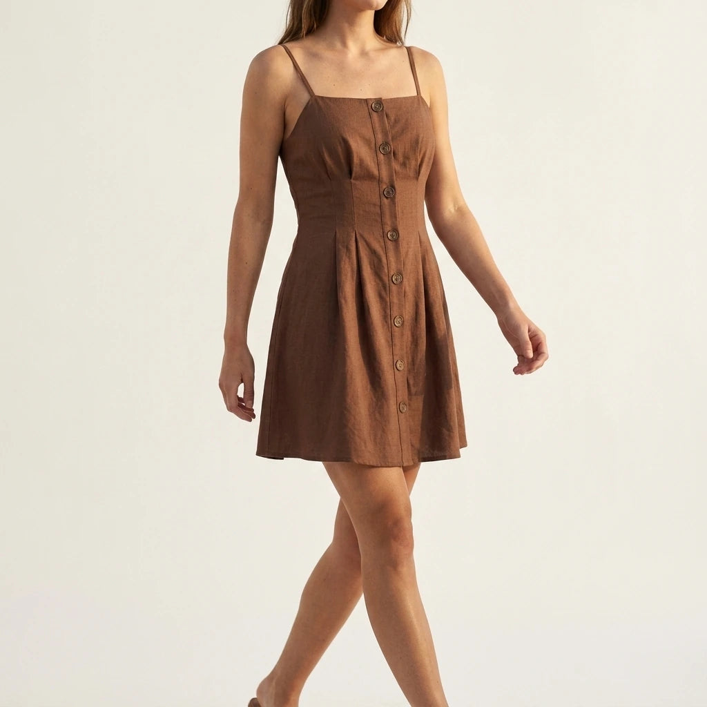 Brown Pleated Skater Mini Dress Women's Sleeveless Slip Office Wear A-Line Workwear Basic Button Detail Natural Waist Polyester Summer Spring Brown — lifestyle