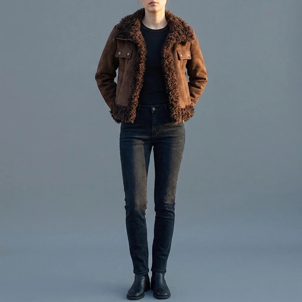 Shearling Coat Women Winter Short Length Faux Fur Collar Thick Warm Jacket Parka — lifestyle