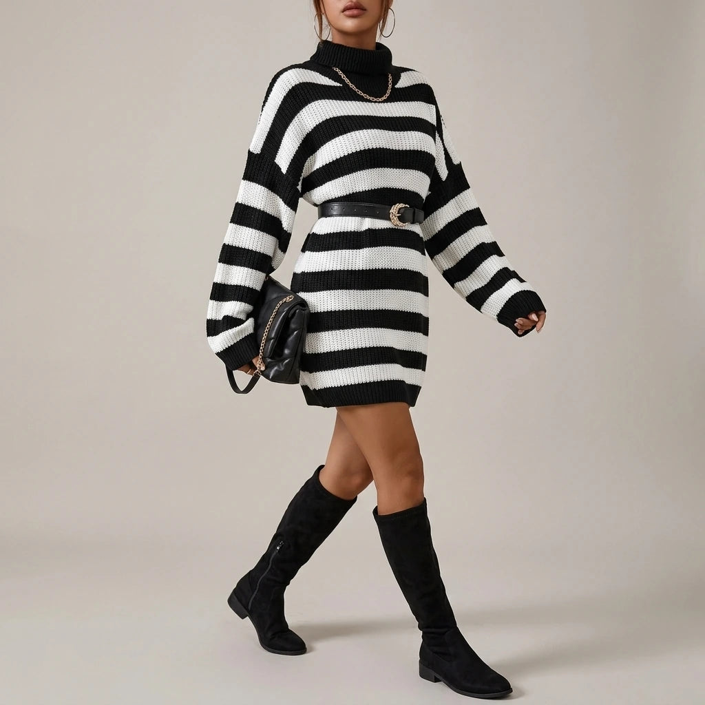 Autumn And Winter Women's Striped Sweater Casual Long-Sleeved Half Turtleneck Loose Sweater Women — variant_front