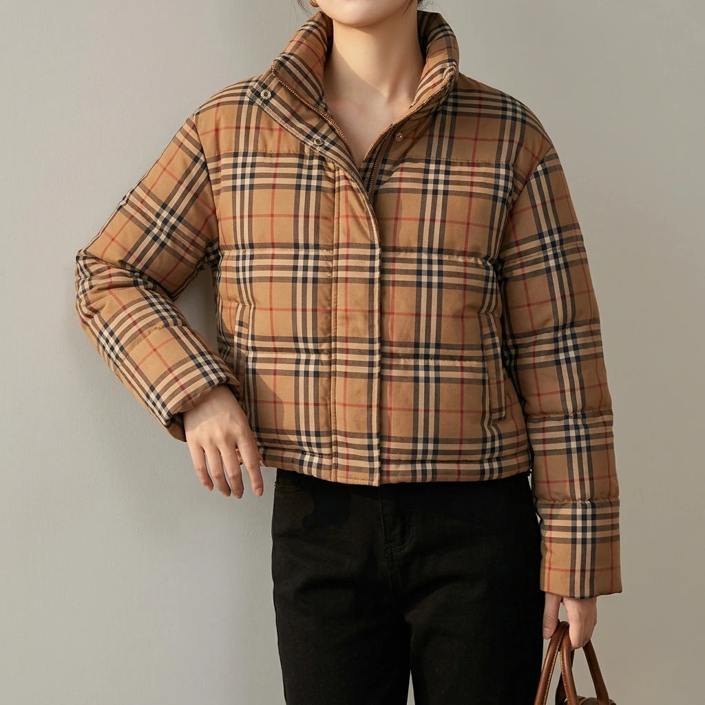 Winter New  Plaid Short Puffer Coat for Petite Women, Thick Warm Cotton Jacket, Fashionable Hooded Outwear — variant_front