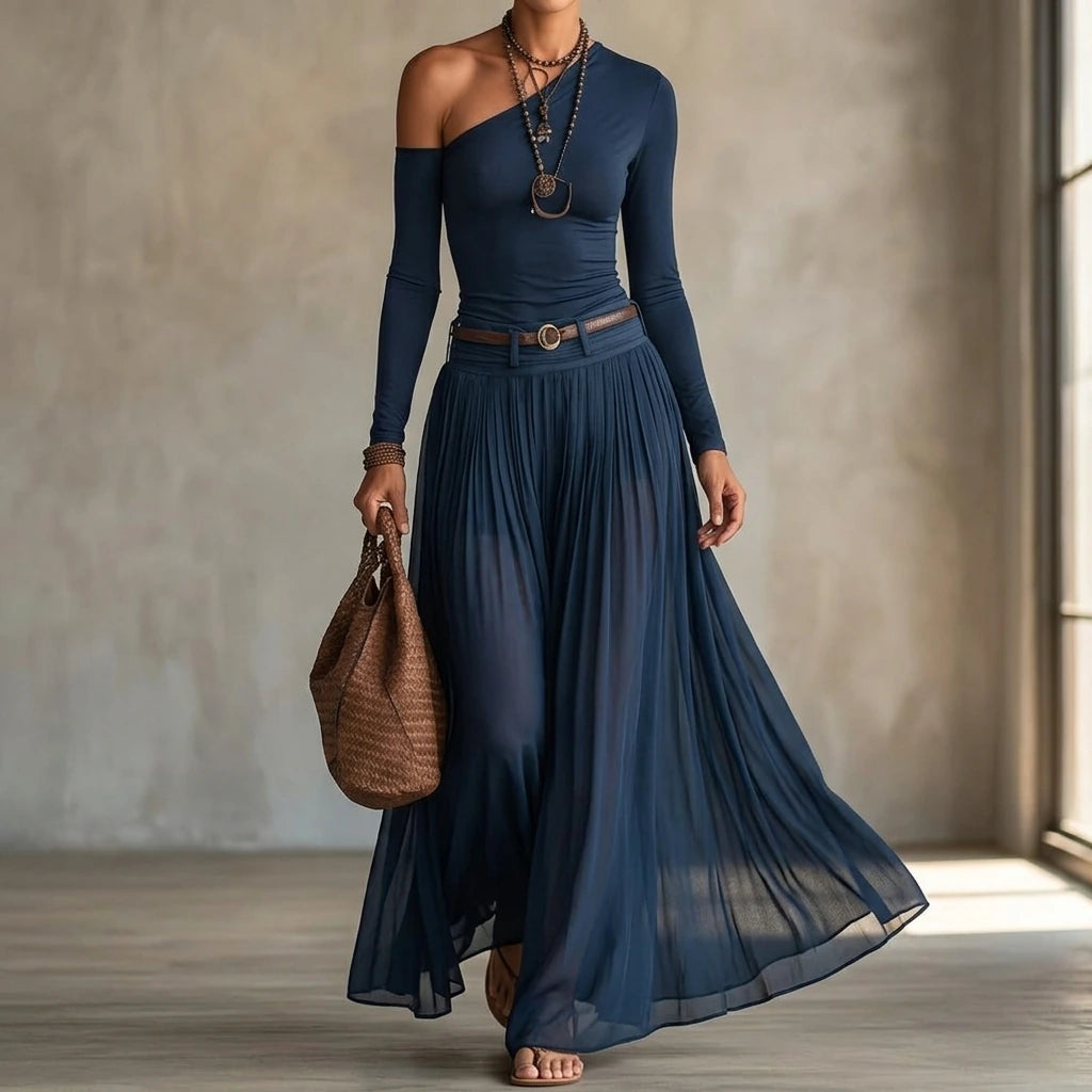 Navy Blue Asymmetrical Shoulder Long Sleeve Dress Set, Pleated Belted A-Line, Elegant Polyester, Spring — lifestyle