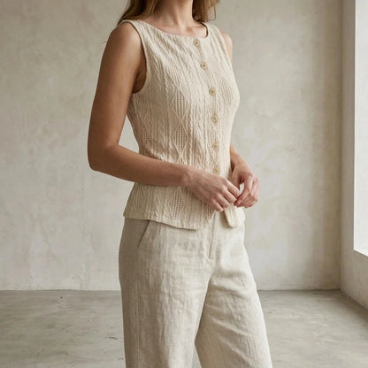 Elegant Jacquard Boat Neck Tank Top Women’s Sleeveless Workwear Daily Office Basic Geometric Button Detail Hip Length Medium Stretch Polyester Beige Summer — lifestyle