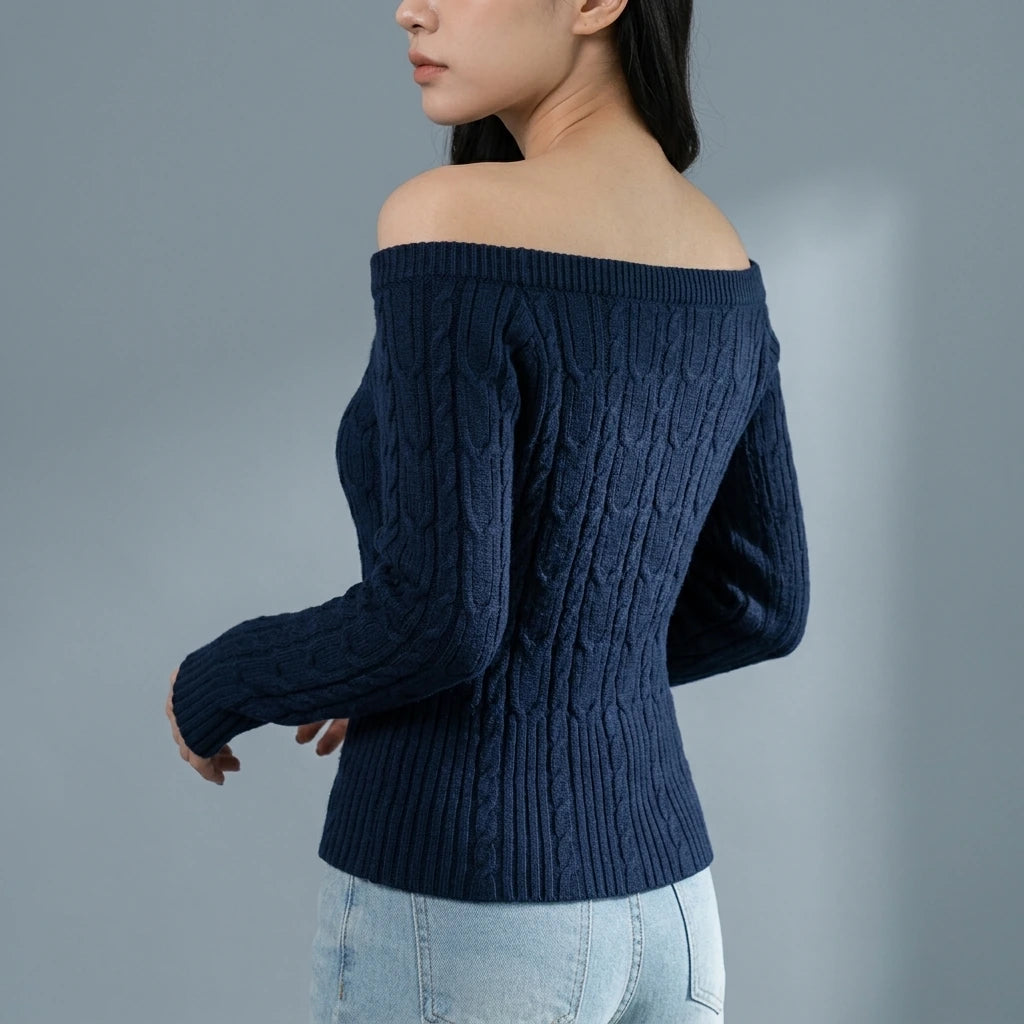 Chunky Knit Off-Shoulder Grey Sweater Top for Women, Long Sleeve, Short Length — variant_front