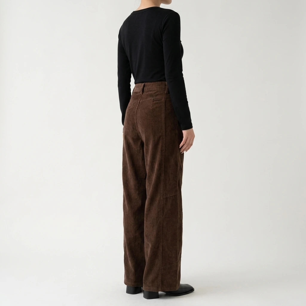 Corduroy Casual Pants for Women, Pleated Design Straight Leg Trousers — lifestyle_lead