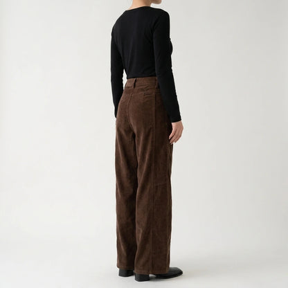Corduroy Casual Pants for Women, Pleated Design Straight Leg Trousers — lifestyle_lead