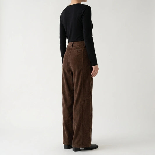 Corduroy Casual Pants for Women, Pleated Design Straight Leg Trousers — lifestyle_lead