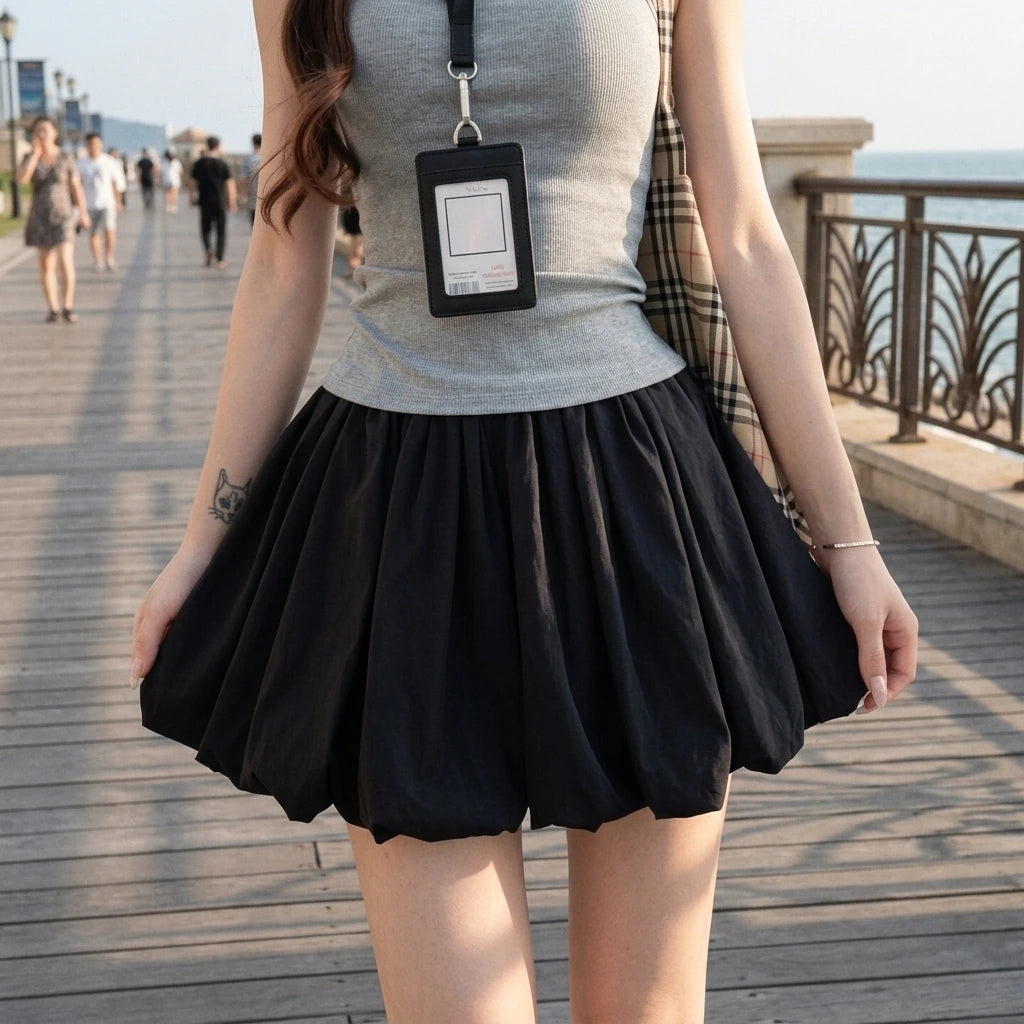 Mint Green Puff Skirt Pants, Paper Bag Hot Pants, Patchwork Polyester, Casual Summer — lifestyle