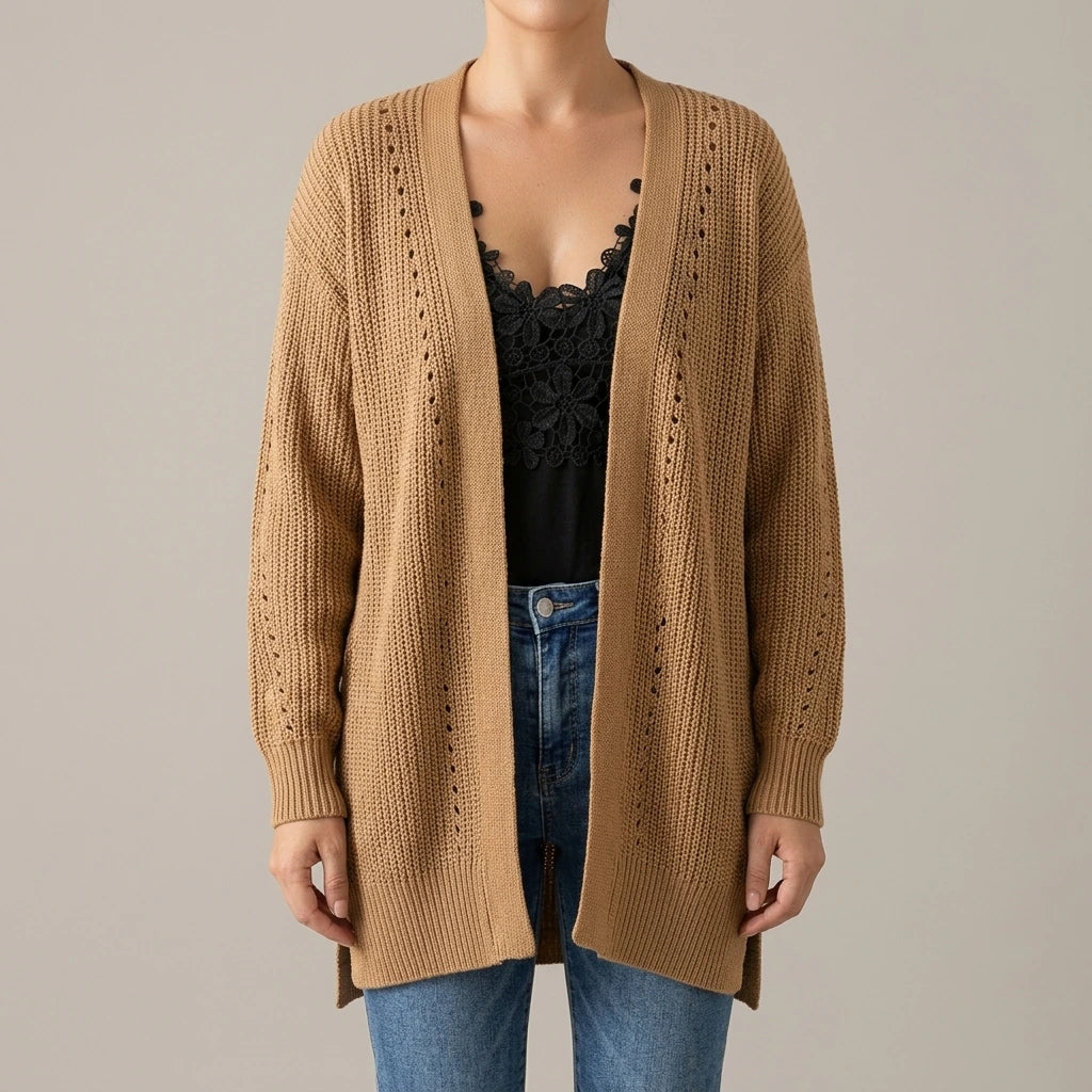 Apricot Drop Sleeve Cable Knit Cardigan with Slits — lifestyle