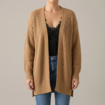 Apricot Drop Sleeve Cable Knit Cardigan with Slits — lifestyle