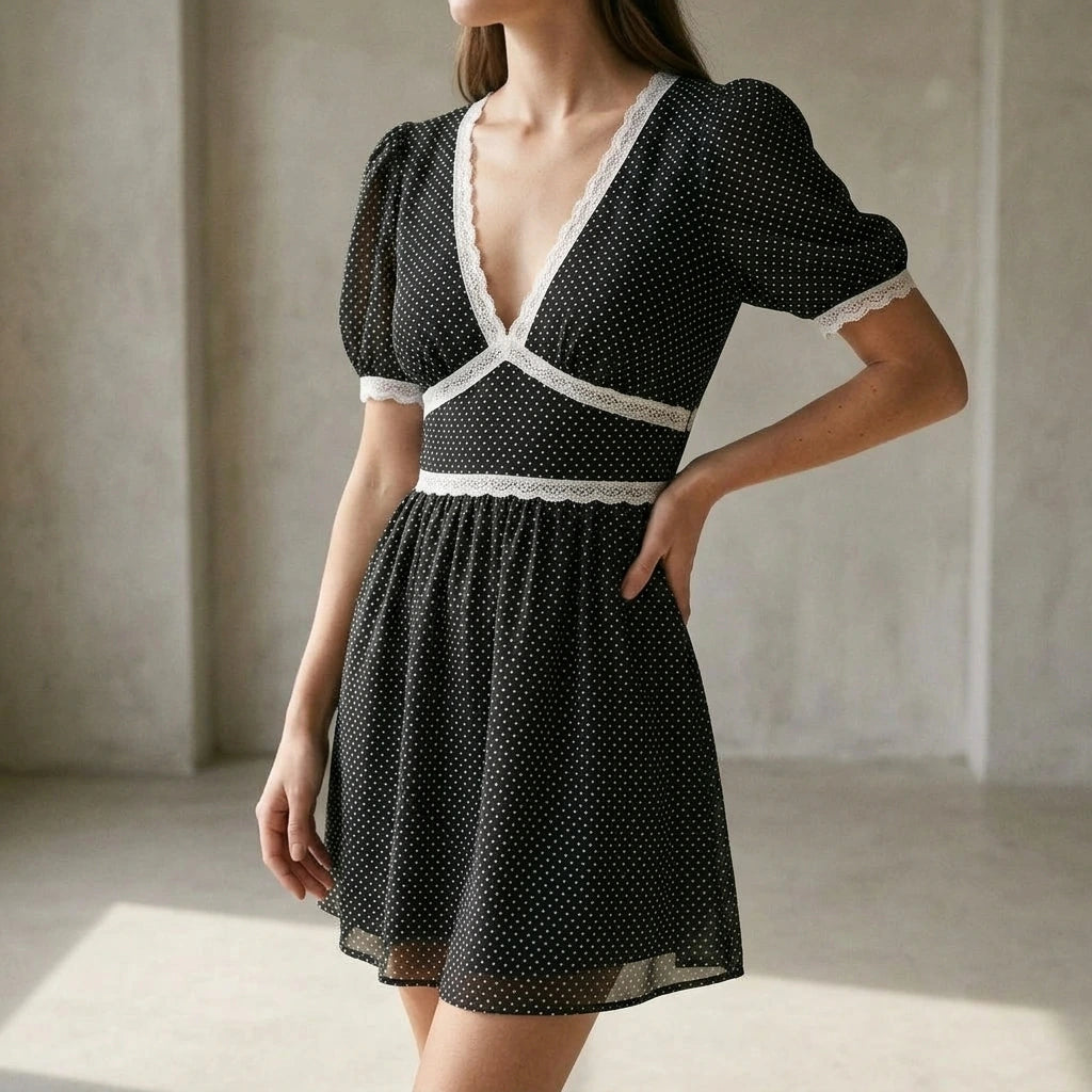 Elegant Floral Skater Mini Dress for Women, V Neck, Puffed Short Sleeves, A-Line, Natural Waist, Daily Summer Wear, Black Polyester — lifestyle