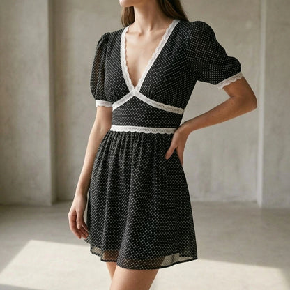 Elegant Floral Skater Mini Dress for Women, V Neck, Puffed Short Sleeves, A-Line, Natural Waist, Daily Summer Wear, Black Polyester — lifestyle