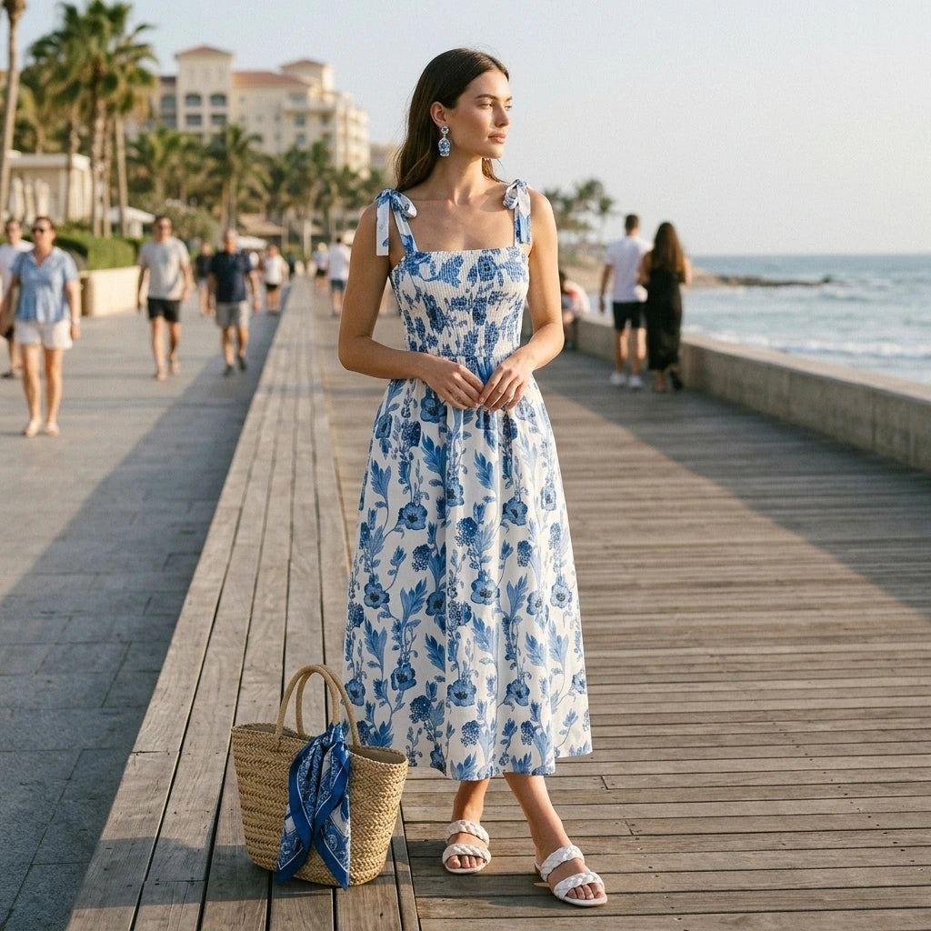 【Elegant Romance】Floral Corset Dress with Knotted Straps & Smocked Bodice, Bodycon Party Guest Dress for Wedding, Date Night — lifestyle