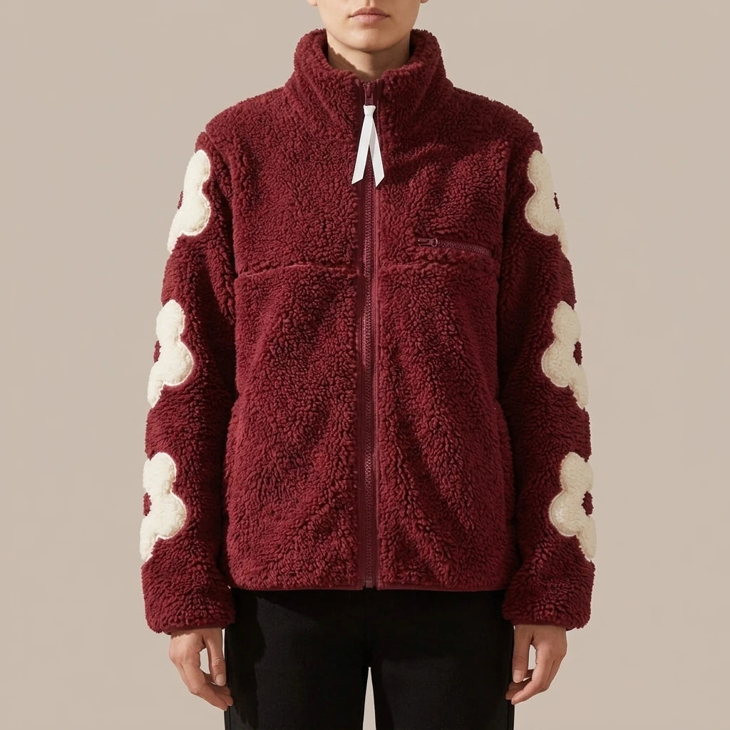 Autumn and Winter Puff Flower Patch Embroidery Half High Collar Zipper Shake Fleece Teddy Coat — lifestyle
