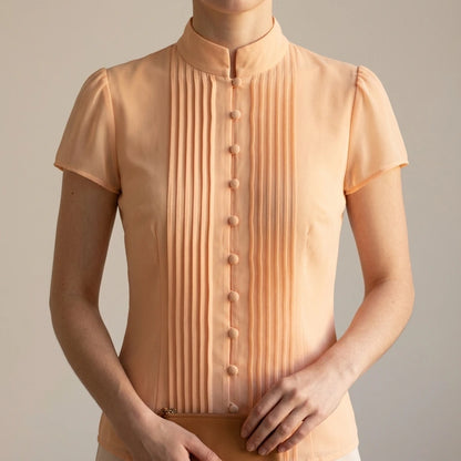 Elegant Ruched Cut Out Blouse Women's Mock Neck Cap Sleeve Chic Daily Office Casual Summer Top Apricot Solid Polyester Hip Length — lifestyle