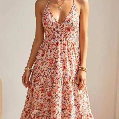 Pink Printed Camisole Long Dress Sleeveless Embroidered A-Line Elegant Summer Polyester — lifestyle